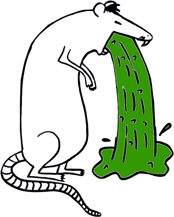 Comiczeichnung einer Ratte: Steht auf den Hinterfüßen, erbricht einen großen grünen Strahl - zu Verstehen als Kommentar, Meinungsäußerung, nicht als Darstellung von Krankheit